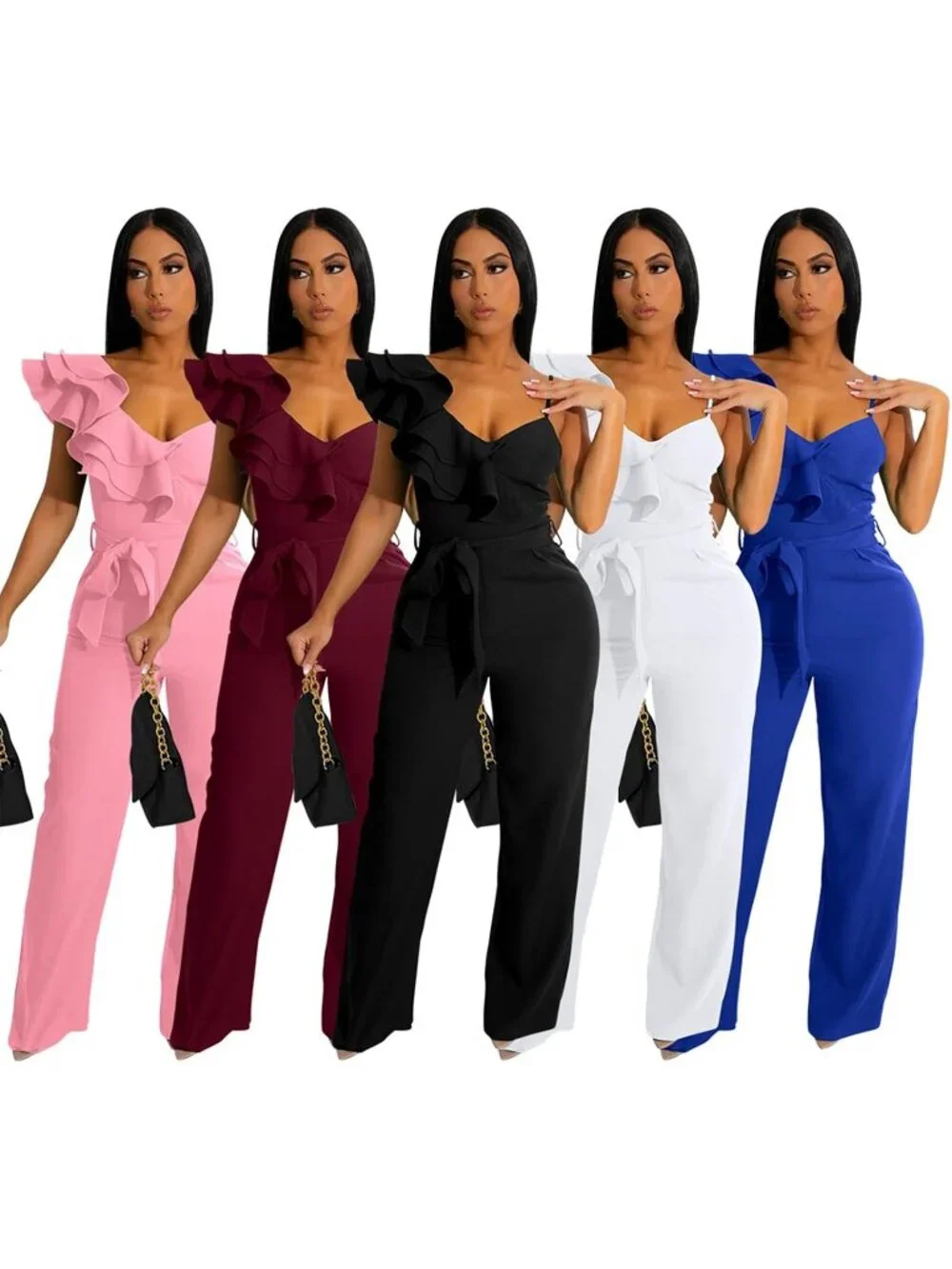 👗 Women's Yellow Ruffle One Shoulder Wide Leg Belted Romper Casual Jumpsuits